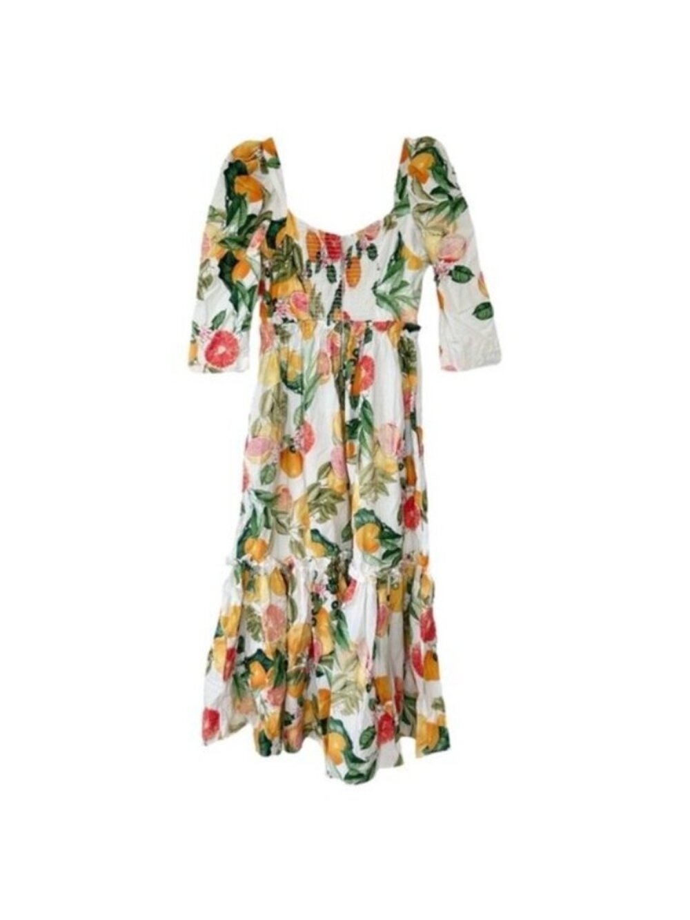 Cara Cara Blue Hill Citrus Fruit Print Cotton Tiered Maxi Dress Size 2 - Picture 9 of 13